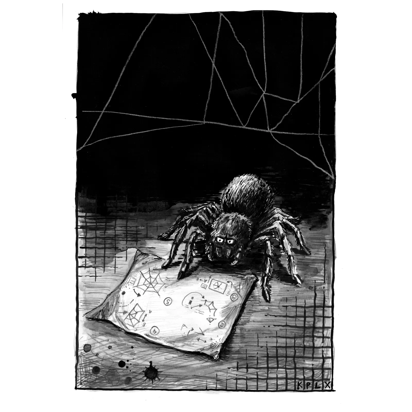 Eine schwarz-weiße Tuschzeichnung zeigt eine Spinne, die über einem Bauplan grübelt. Auf dem Plan ist ein perfekt konstruiertes Spinnennetz zu sehen. Im Hintergrund hängt jedoch das tatsächliche Netz der Spinne – wirr, schief und völlig vermurkst.