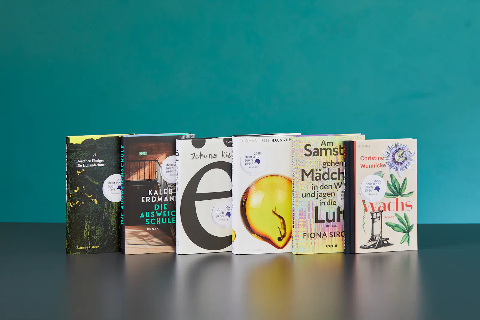 Cover der Shortlist-Nominierungen des Deutschen Buchpreises 2025 // © Christof Jakob