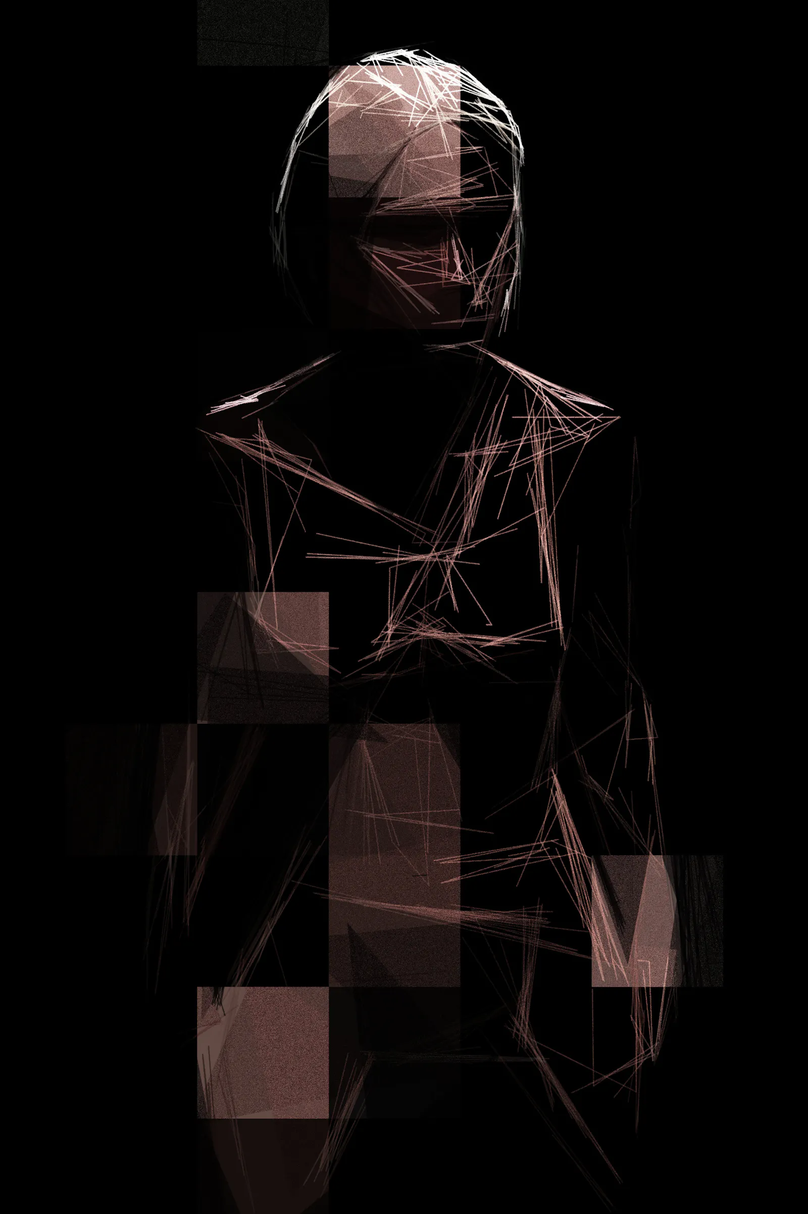 This one feels pensive. Only a few rectangles imply the outline of the body, she stares off into the distance.