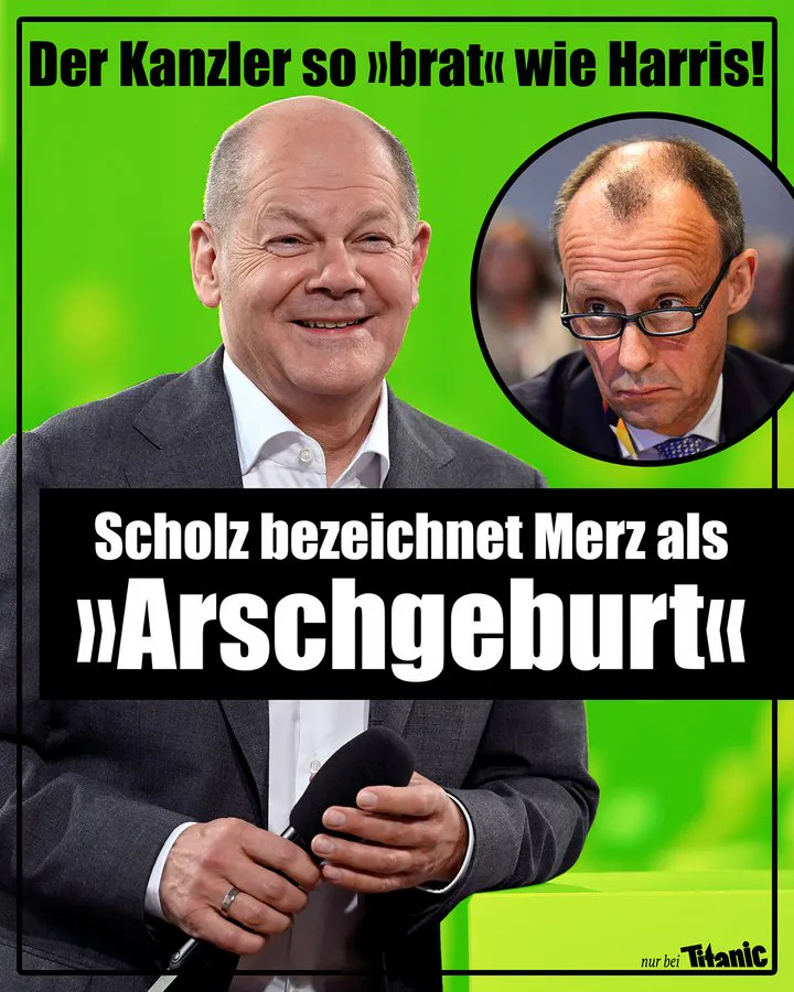 Olaf Scholz grinst vor giftgrünem Hintergrund, neben ihm ist ein Bild von einem enttäuscht schauenden Friedrich Merz zu sehen, dazu der Text: »Der Kanzler so ›brat‹ wie Harris! Scholz bezeichnet Merz als ›Arschgeburt‹«.