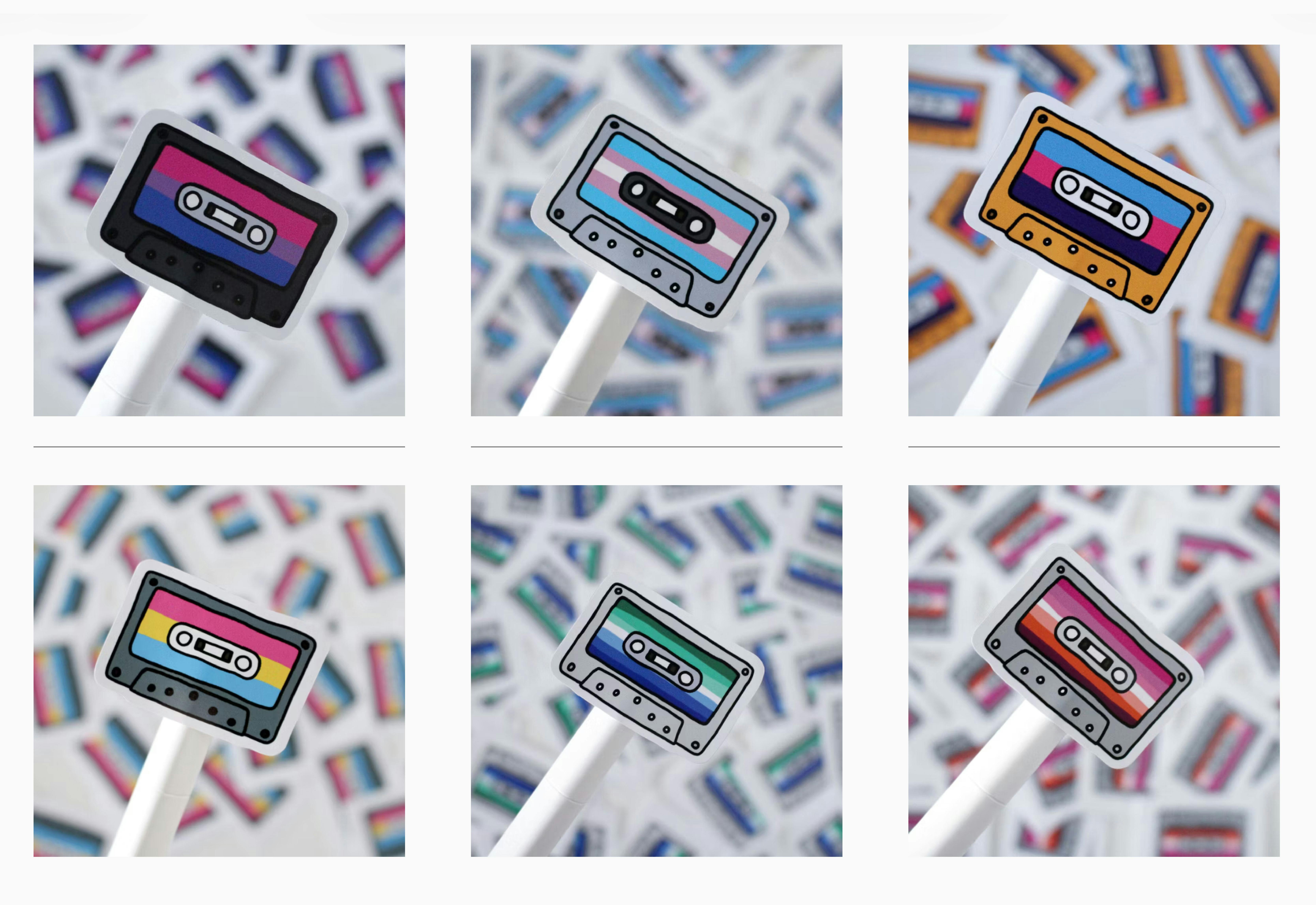 Galerie verschiedener Sticker mit Mixtape-Motiv in verschiedenen Pride-Flaggen-Farben.