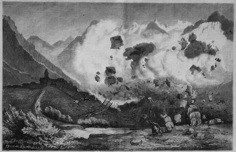 Der Bergsturz von Elm, Holzstich von Paweł Boczkowski, 1881