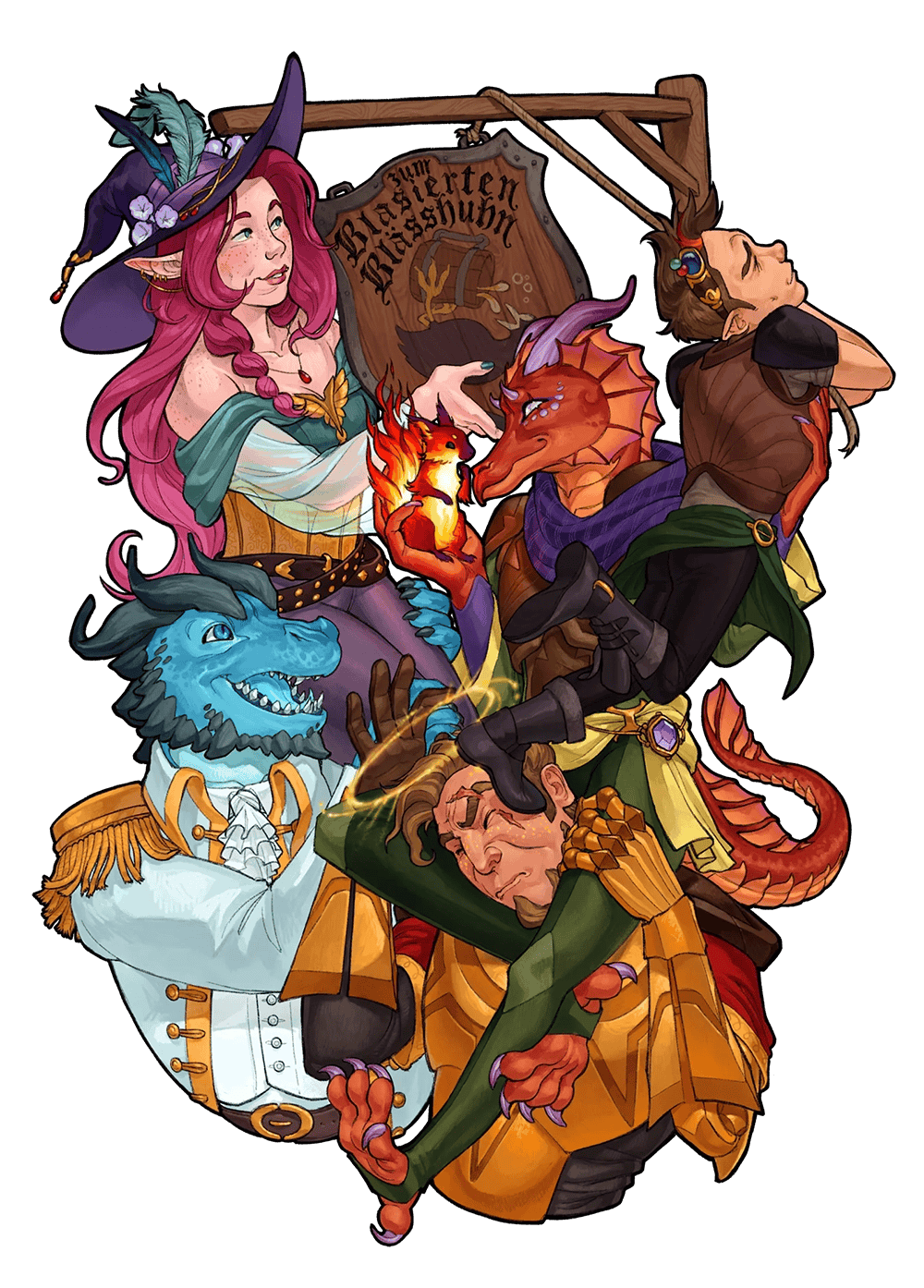Eine farbenfrohe Illustration der fünf Hüter der Obelisken vor weißem Hintergrund, die gemeinsam das Schild „Zum Blasierten Blässhuhn" aufhängen: Elaynie mit lila Hexenhut und pinken Haaren, Jeri mit dem flammenden Fridolin auf der Hand, Peren mit seiner bunten Brille, Medrash im weißen Kapitänsoutfit und Flynt in goldener Rüstung mit Heiligenschein.