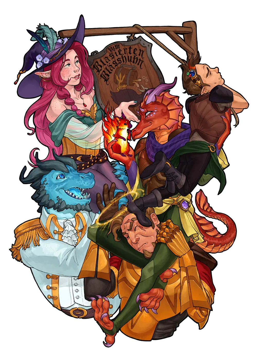 Eine farbenfrohe Illustration der fünf Hüter der Obelisken vor weißem Hintergrund, die gemeinsam das Schild „Zum Blasierten Blässhuhn" aufhängen: Elaynie mit lila Hexenhut und pinken Haaren, Jeri mit dem flammenden Fridolin auf der Hand, Peren mit seiner bunten Brille, Medrash im weißen Kapitänsoutfit und Flynt in goldener Rüstung mit Heiligenschein.