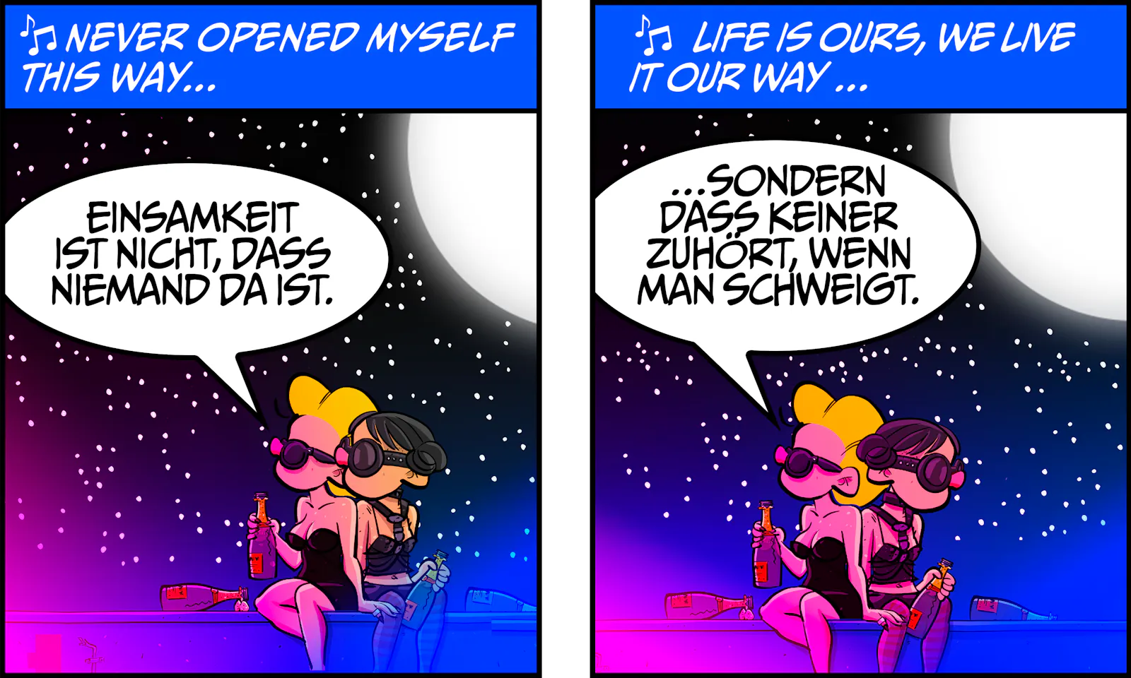 Da sitzen sie auf dem Dach, Ivy und Gina. Bubbles-besoffen, Gedanken wie Rockballaden. Ivy so: „Einsamkeit ist nicht, dass keiner da ist., sondern dass keiner zuhört, wenn du schweigst.“
