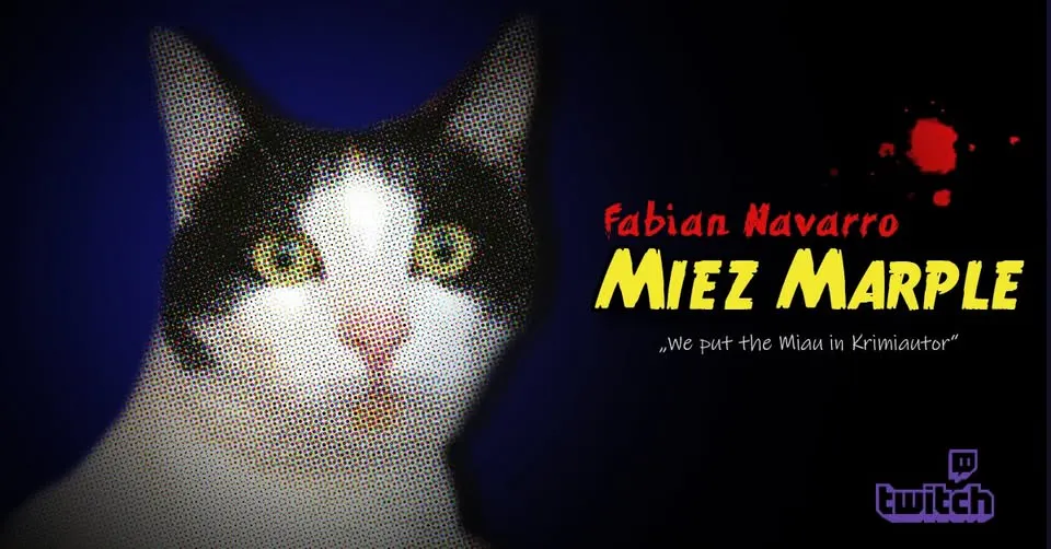 Eine schwarz weiße Katze. Danben die Schrift: Fabian Navarro. Miez Marple. "We put the miau in Krimiautor"
Twitch-Logo