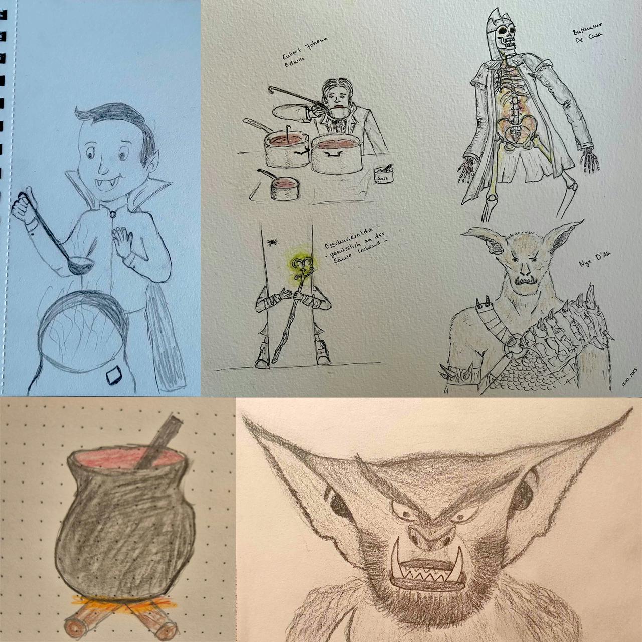 die Monster-WG dargestellt mit dem Vampir Cullert, einem Kessel, Nyx D‘Ah einzeln und allen vier Charakteren aus dem Monster-Special
