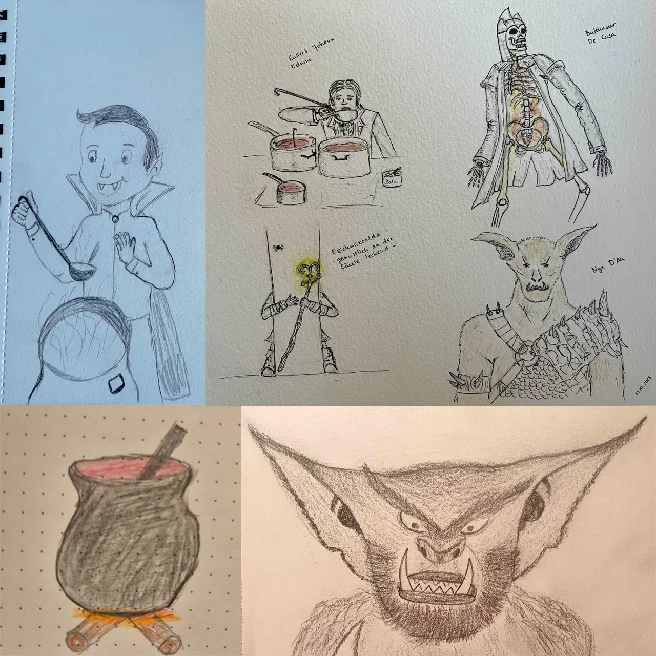 die Monster-WG dargestellt mit dem Vampir Cullert, einem Kessel, Nyx D‘Ah einzeln und allen vier Charakteren aus dem Monster-Special