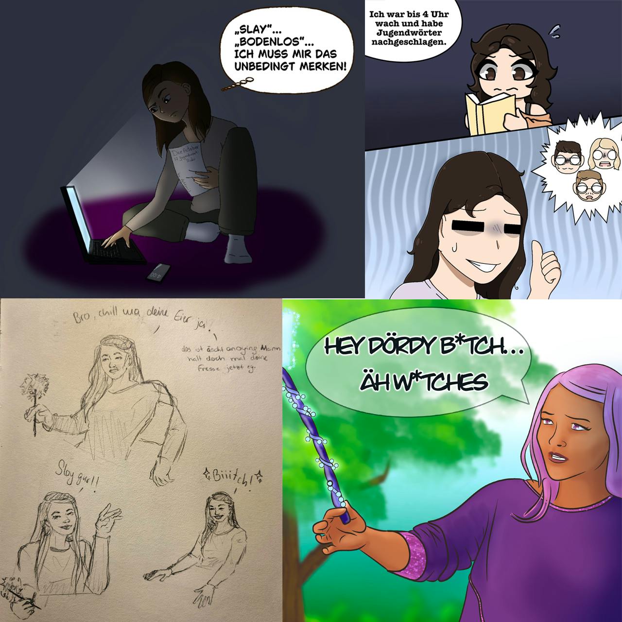 Jugendwort-Rubi in kleinen Comics dargestellt. Die Sprechblasen zeigen: „Slay“, „bodenlos“ … Ich muss mir das unbedingt merken 
„Ich war bis 4 Uhr wach und habe Jugendwörter nachgeschlagen“ „Hey Dördy Bitch … äh Witches“ und ein Bild von Schanty mit „Bro, chill mal deine Eier, ja“