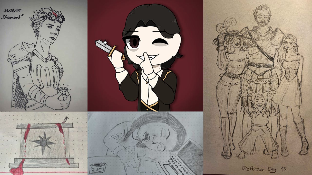 Collage aus 5 Einsendungen zum DiceActober: Peren, Sonnenplateau, Vampir aus der Monster-WG, Jugendwort-Rubi und Saldecoeur