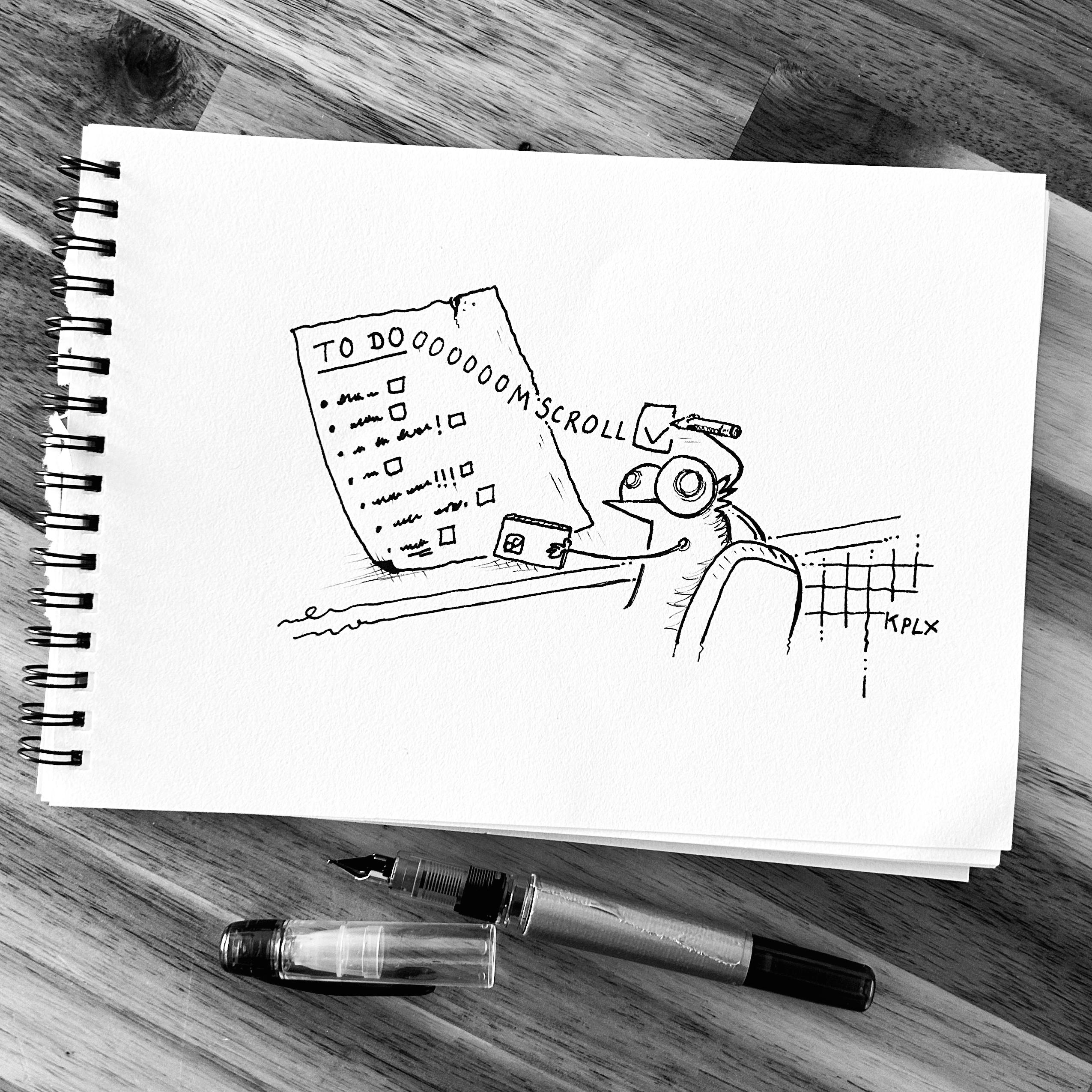ALT-Text:
Eine Fliege sitzt am Schreibtisch vor einer langen To-do-Liste. Oben steht „TO DOOOOOMSCROLL“, wobei sich das „DO“ nahtlos in „OOMSCROLL“ verwandelt bzw. handschriftlich verlängert wurde. Nur dieser Punkt ist abgehakt – alle anderen Aufgaben darunter bleiben unerledigt. Die Fliege hält ein Handy in der Hand und hat einen verstörten Blick, so als wäre diese vom Betrachter soeben ertappt worden.