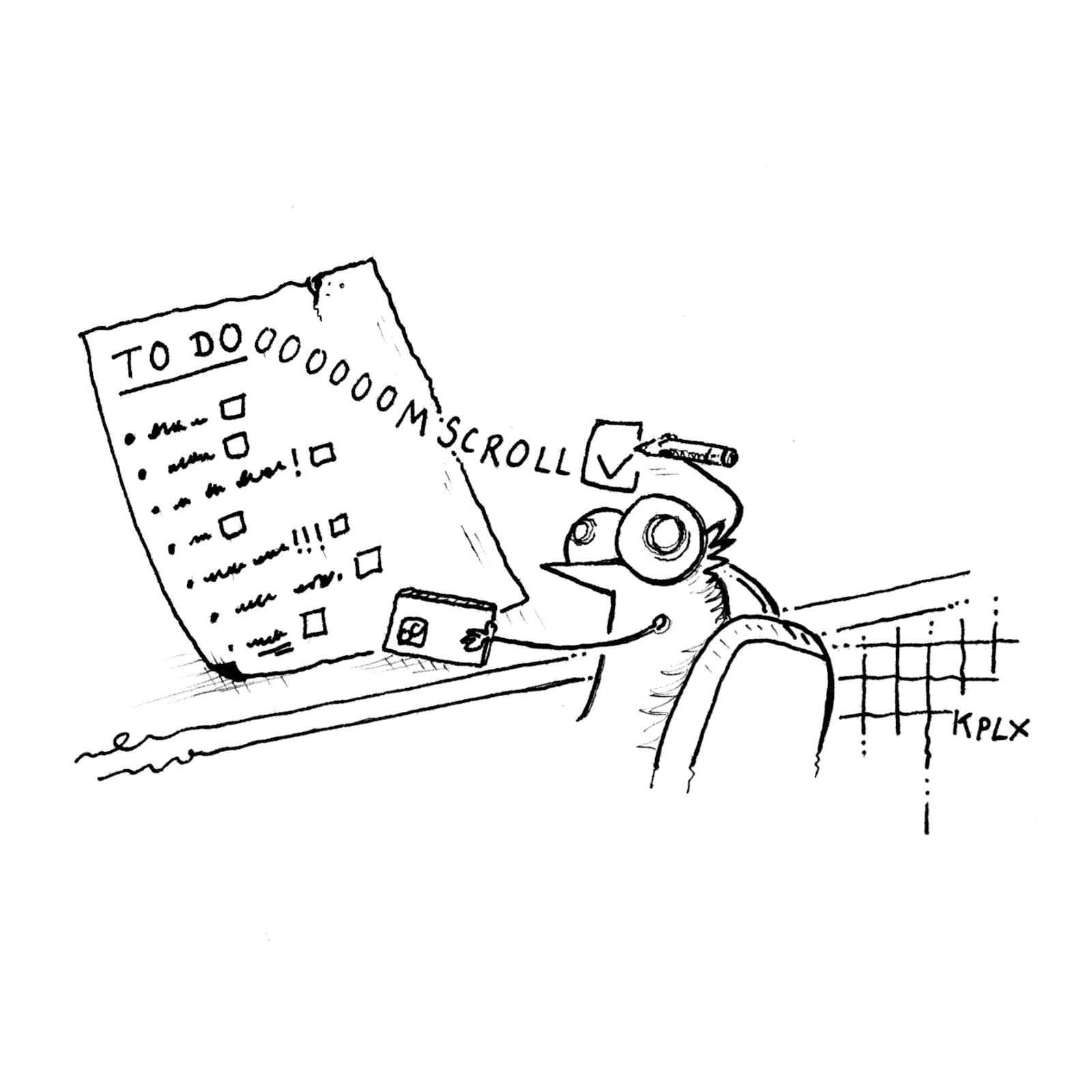 ALT-Text:
Eine Fliege sitzt am Schreibtisch vor einer langen To-do-Liste. Oben steht „TO DOOOOOMSCROLL“, wobei sich das „DO“ nahtlos in „OOMSCROLL“ verwandelt bzw. handschriftlich verlängert wurde. Nur dieser Punkt ist abgehakt – alle anderen Aufgaben darunter bleiben unerledigt. Die Fliege hält ein Handy in der Hand und hat einen verstörten Blick, so als wäre diese vom Betrachter soeben ertappt worden.