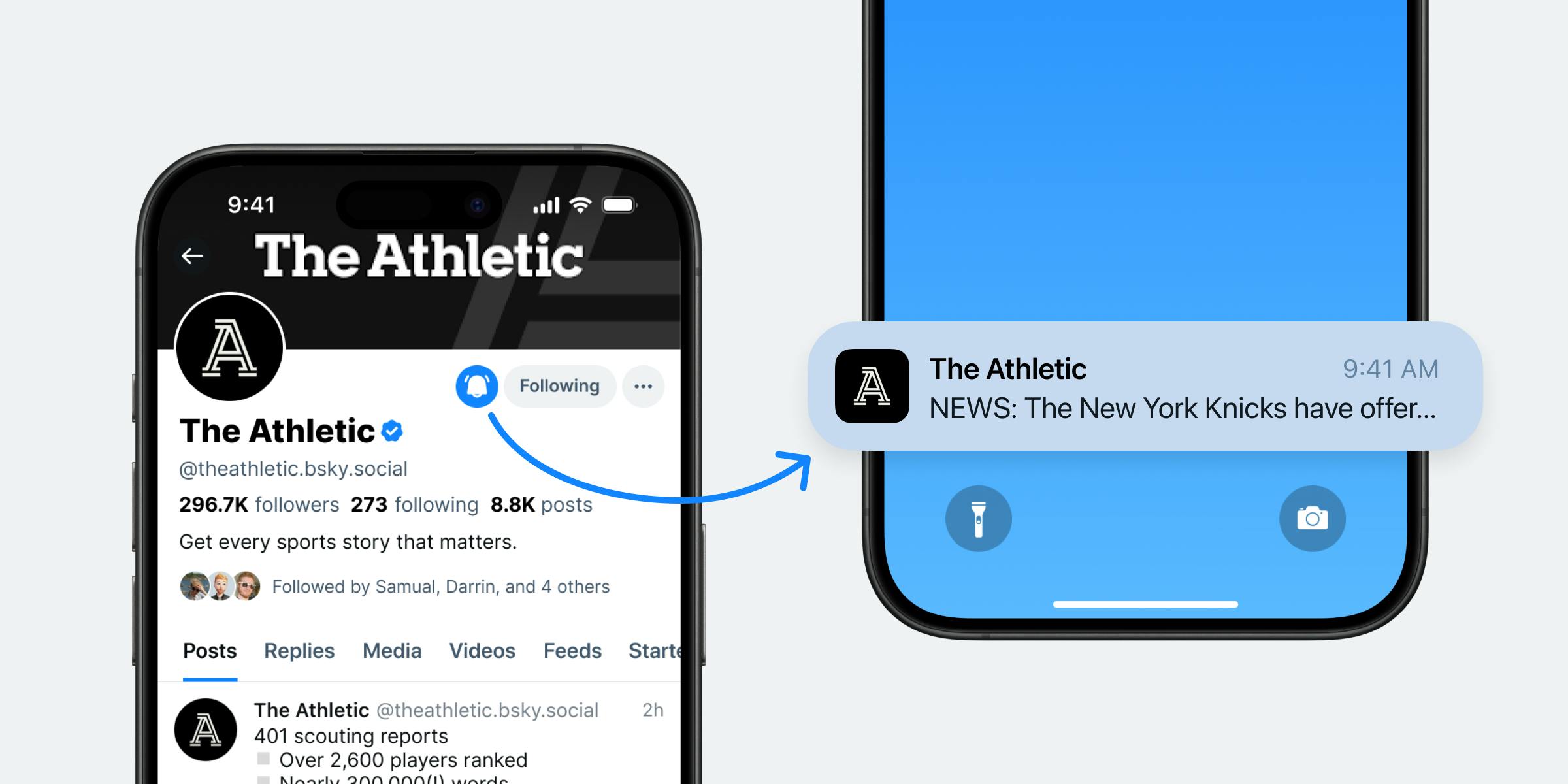 Auf einem Smartphone-Bildschirm ist das Bluesky-Profil von The Athletic zu sehen. Klickt man auf das Glockensymbol in Profilen wird man benachrichtigt, wenn diese Profil etwas postet. Daneben ist ein Smartphone-Bildschirm mit einer Pushbenachrichtigung zu sehen.