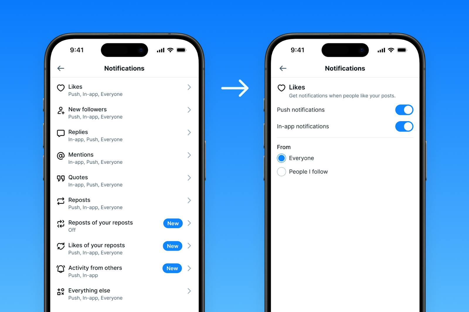 Abbildungen von zwei Smartphone-Screens zeigen, wie man die Mitteilungs-Einstellungen (Notifications) individuell anpassen kann.