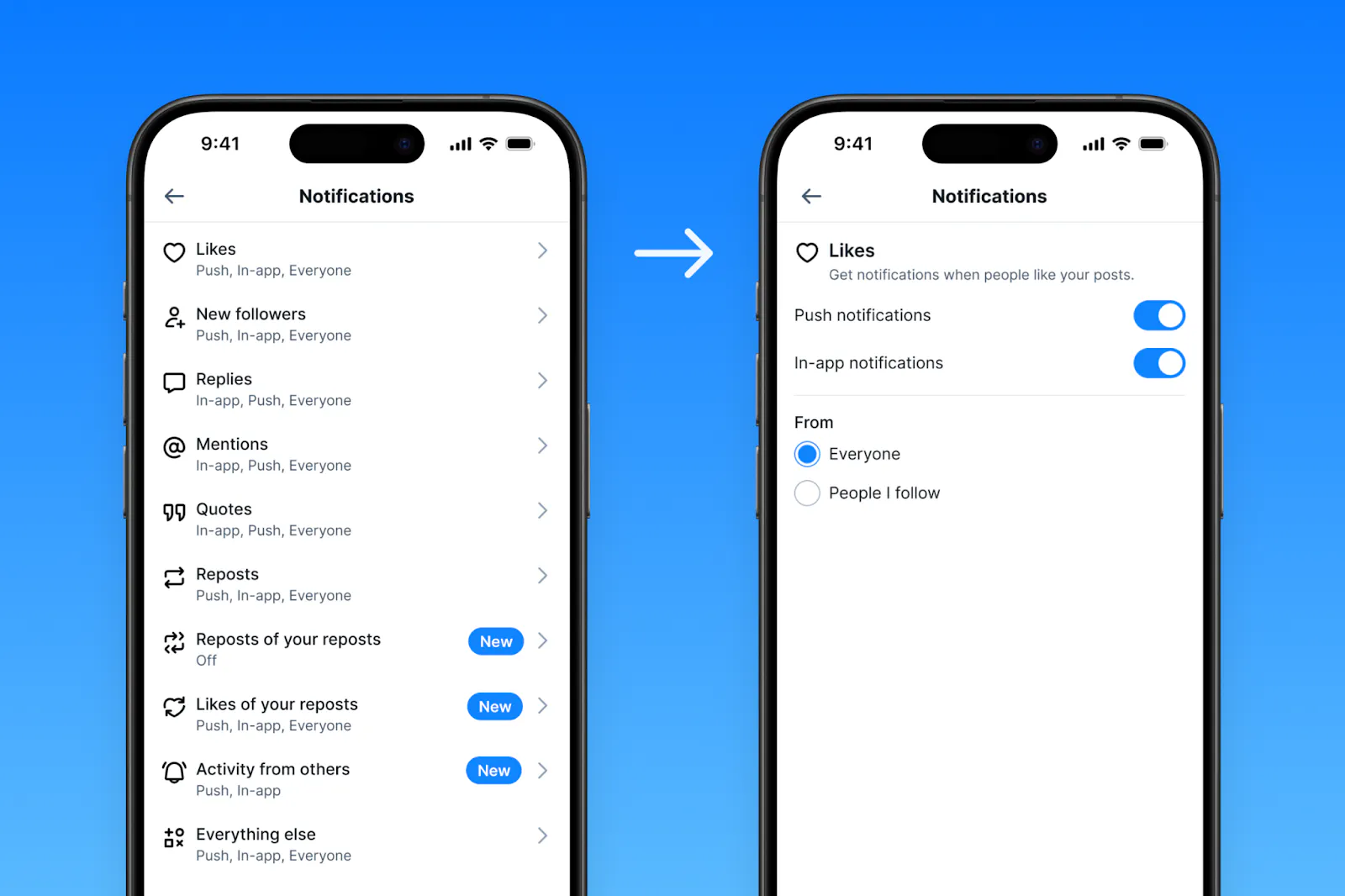 Abbildungen von zwei Smartphone-Screens zeigen, wie man die Mitteilungs-Einstellungen (Notifications) individuell anpassen kann.
