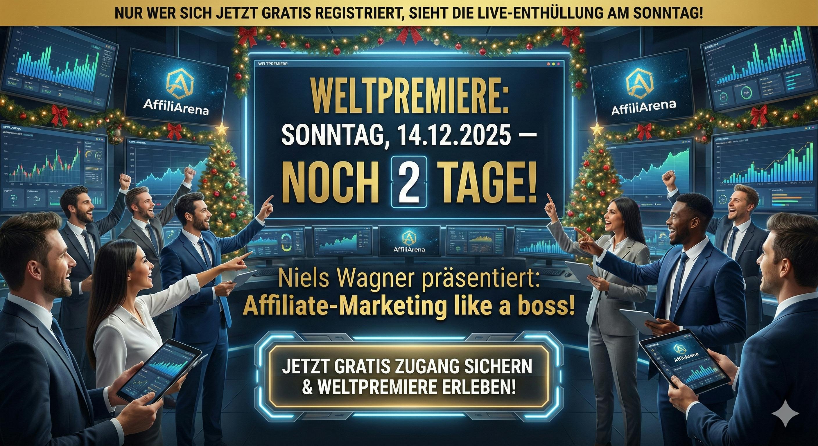 Niels Wagner lädt diesen Sonntag zur absoluten WELTPREMIERE in die AffiliArena.

Was dort live enthüllt wird, wird die Art und Weise, wie wir Affiliate Marketing betreiben, radikal verändern. Es ist der Startschuss für eine neue Ära – intelligent, datengetrieben und automatisiert. "Affiliate Marketing like a boss" eben.