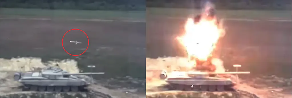 TOW detoniert über einem Panzer.