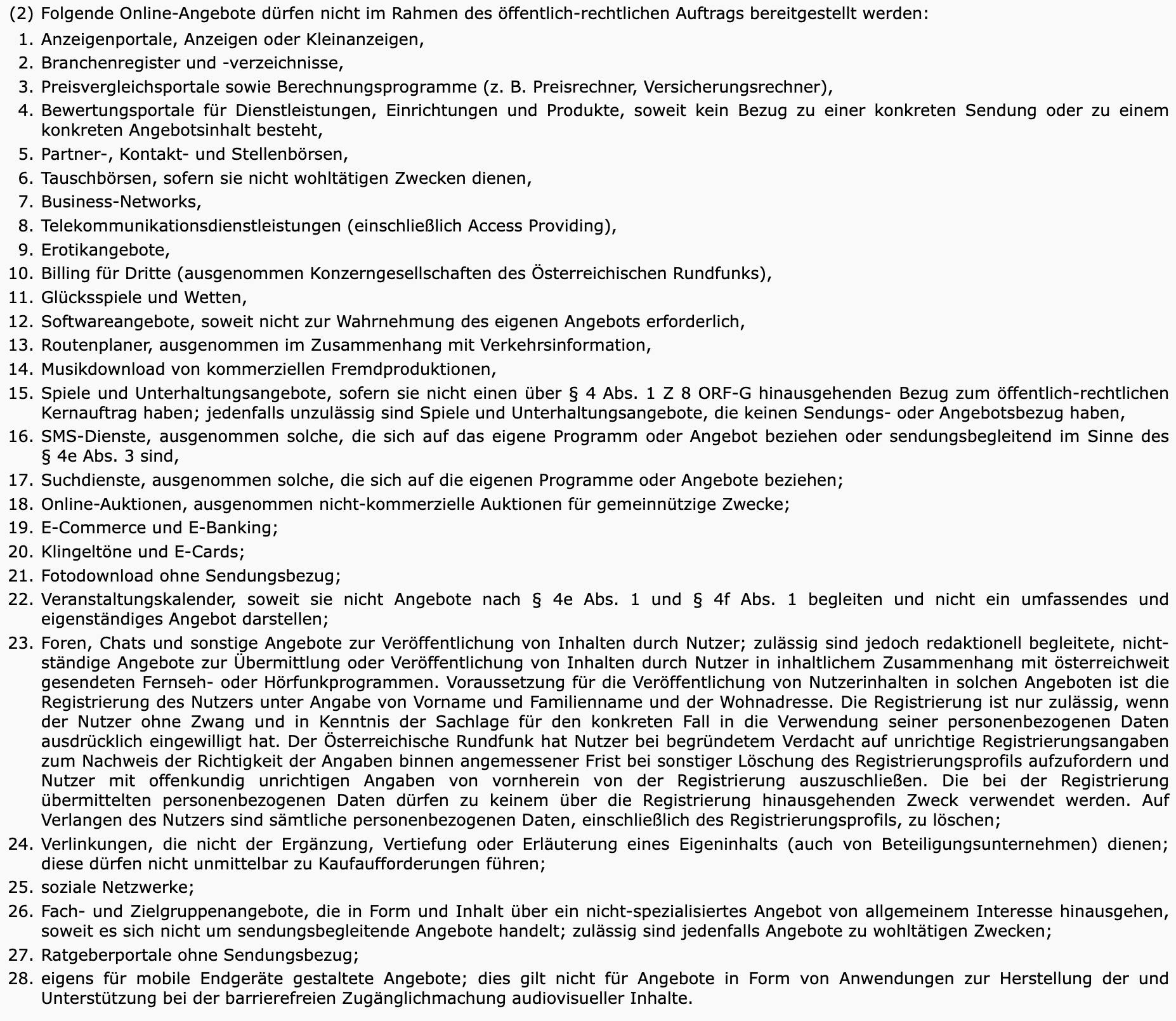 Screenshot der Verbotsliste § 4f Abs. 2 ORF-Gesetz