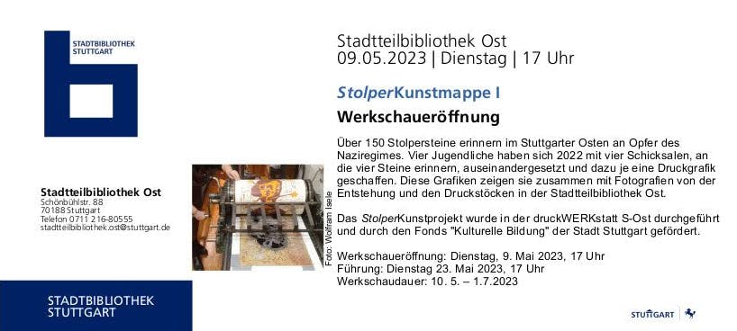 Flyer der Stadtteilbibliothek Stuttgart-Ost zur Ausstellungseröffnung "StolperKunsmappe 1" am 9. Mai.