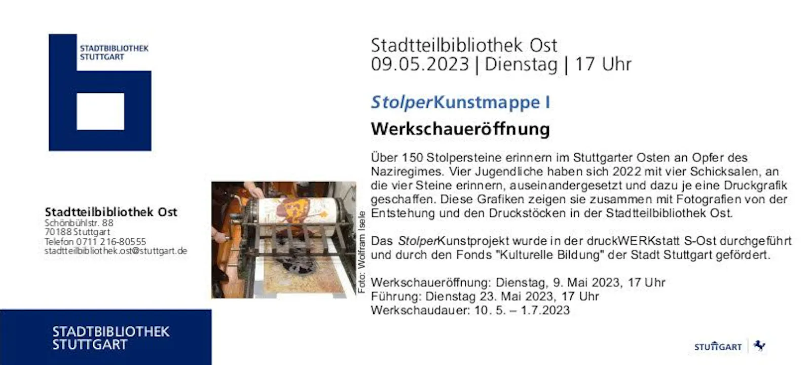 Flyer der Stadtteilbibliothek Stuttgart-Ost zur Ausstellungseröffnung "StolperKunsmappe 1" am 9. Mai.