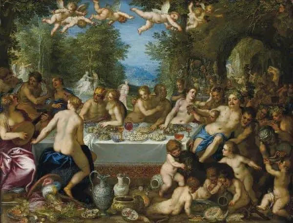 Ein Gemälde, des niederländischen Malers Jan van Bijlert aus dem 16. Jahrhundert mit dem Titel „Fest der Götter“. Darauf ist ein ekstatisches Gelage rund um den antiken Gott Dionysos zu sehen.