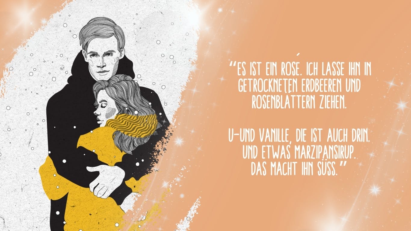 Das Bild zeigt das Titelmotiv des Buches "Die Wärme, die wir teilen" von Phillippa Penn: Ein junger Mann und eine junge Frau, die sich umarmen. Rechts daneben steht ein Zitat aus dem Buch: "“Es ist ein Rosé. Ich lasse ihn in getrockneten Erdbeeren und Rosenblättern ziehen. U-Und Vanille, die ist auch drin. Und etwas Marzipansirup. Das macht ihn süß.”