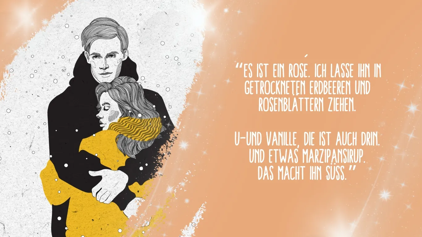 Das Bild zeigt das Titelmotiv des Buches "Die Wärme, die wir teilen" von Phillippa Penn: Ein junger Mann und eine junge Frau, die sich umarmen. Rechts daneben steht ein Zitat aus dem Buch: "“Es ist ein Rosé. Ich lasse ihn in getrockneten Erdbeeren und Rosenblättern ziehen. U-Und Vanille, die ist auch drin. Und etwas Marzipansirup. Das macht ihn süß.”