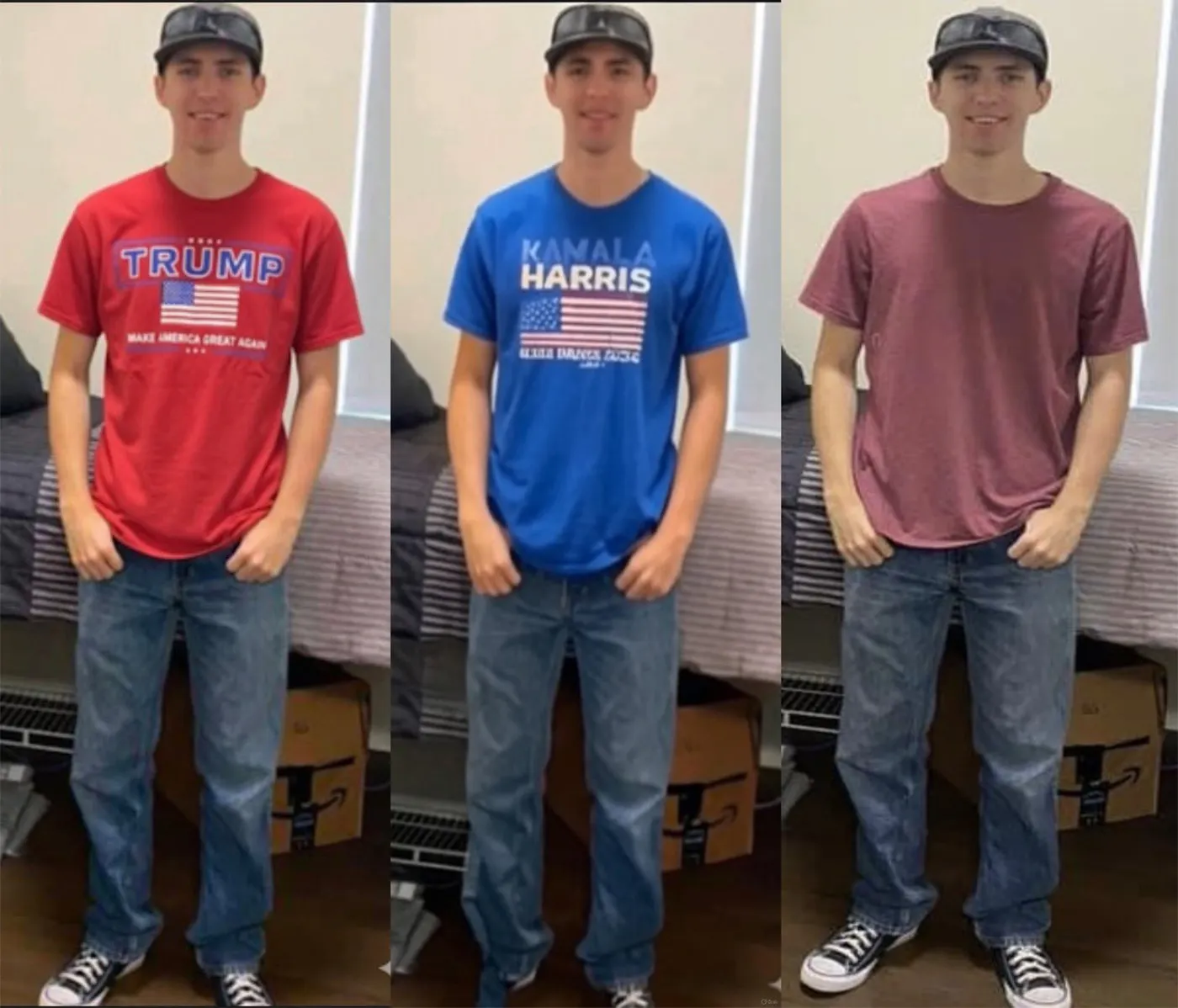 Ein Foto von Robinson, einmal mit einem neutralen Shirt und jeweils ein Fakte des Bildes, auf dem er ein Trump und ein Harris Shirt trägt.