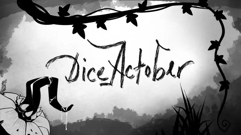 Blätterranken und ein Kürbis-Mimic umrahmen den DiceActober Schriftzug