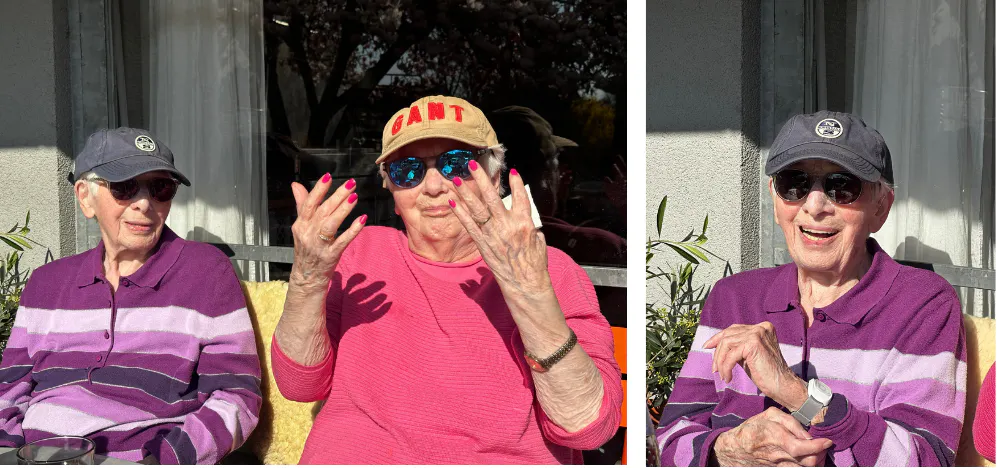 Oma Maria (100) und Emi (95) genießen auf der Bank im Garten die erste Frühlingssonne.