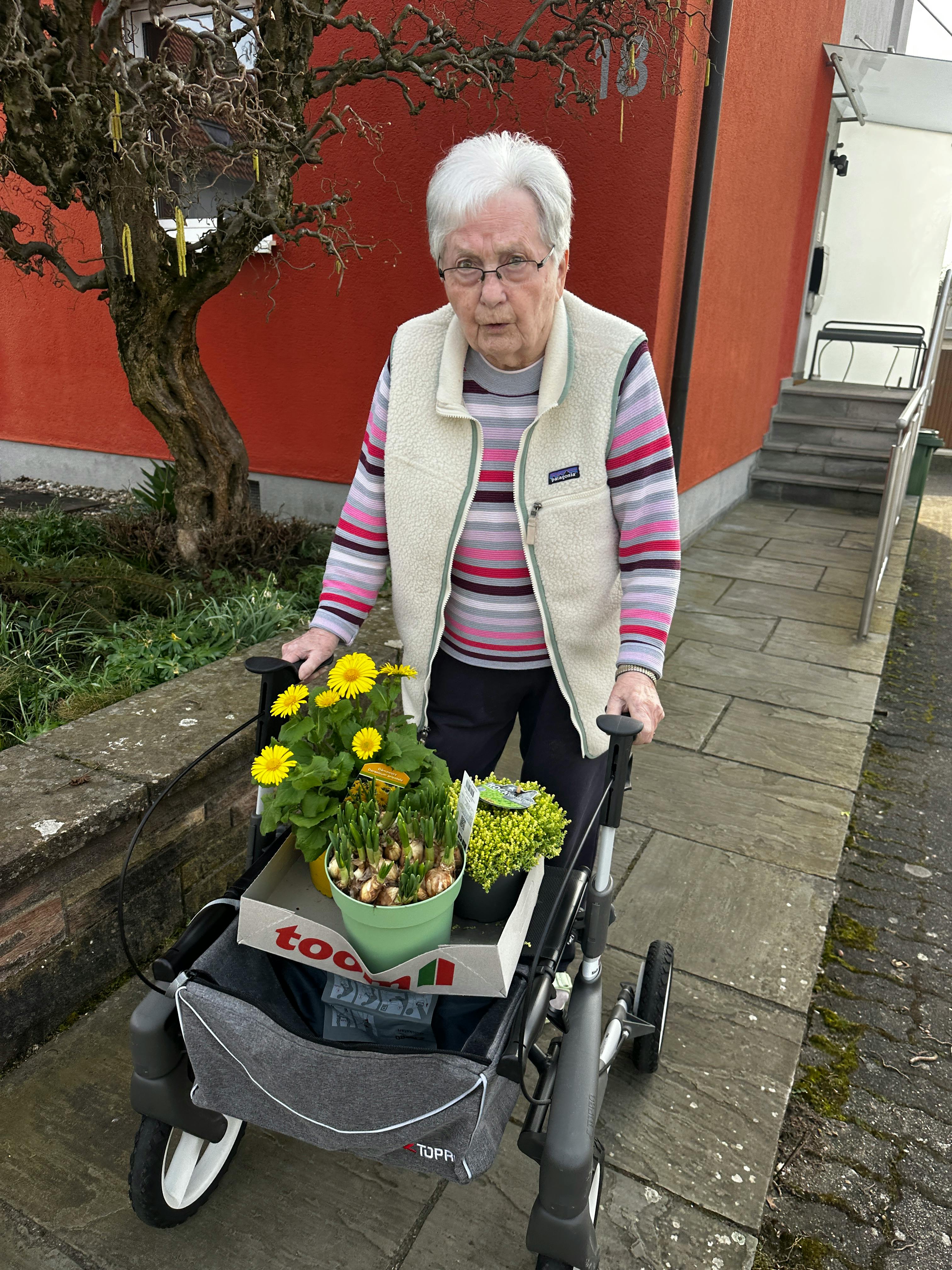 Emi transportiert Fürhlingsblumen mit ihrem Rollator.