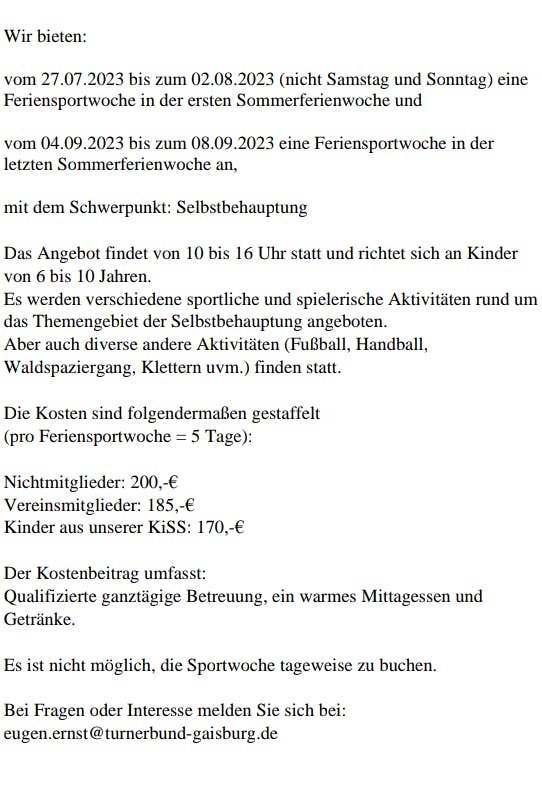 Informationen über die Feriensportwochen des Turnerbund Gaisburg in den Sommerferien.