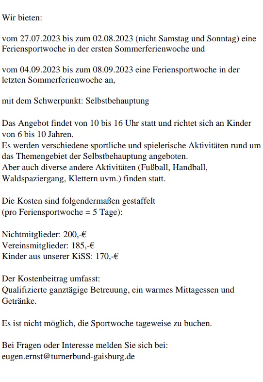 Informationen über die Feriensportwochen des Turnerbund Gaisburg in den Sommerferien.