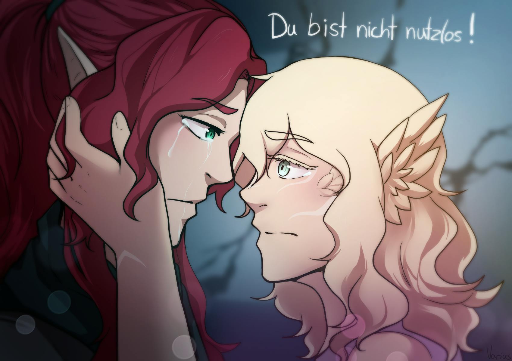 Fanart von Elaynie und Juno: Juno hält Elaynies Gesicht tröstend in den Händen, während Elaynie weint. Im Bild steht „Du bist nicht nutzlos!“.