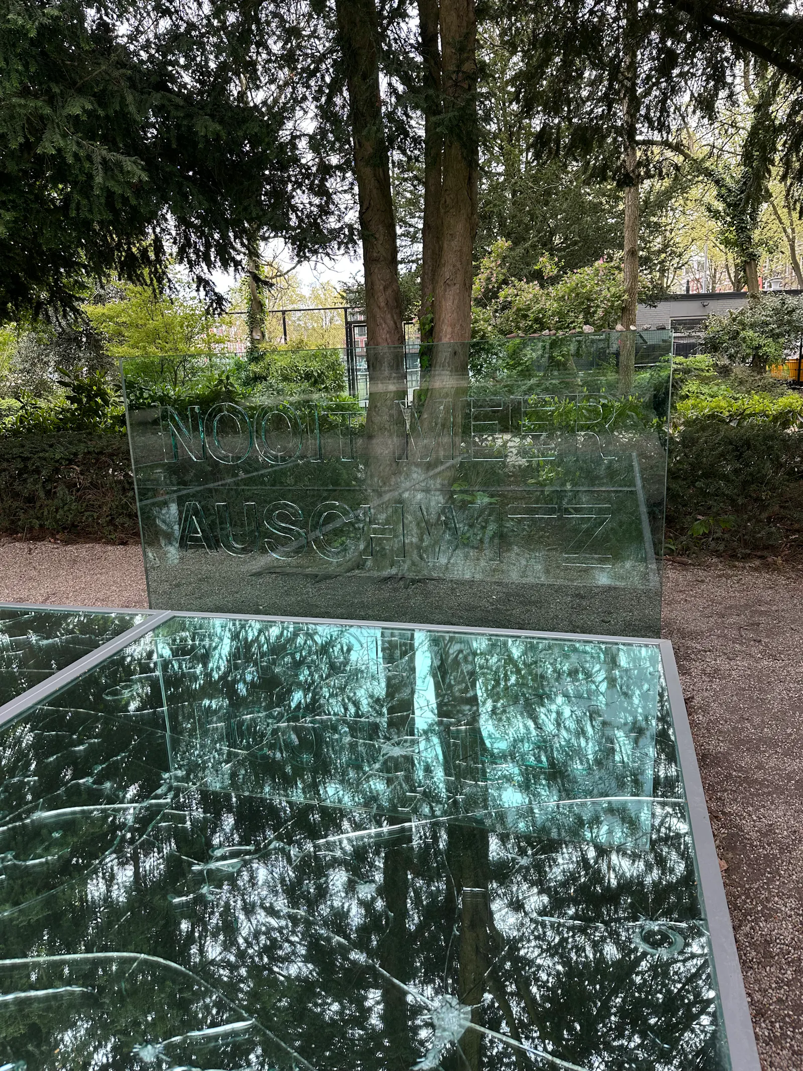 Das Auschwitz-Denkmal im Wertheim-Park, einem der ältesten Parks in Amsterdam. Eine vom Boden leicht erhöhte Fläche aus Spiegeln. In den Spiegeln sind Risse und Einschläge zu sehen, so dass der Himmel und die Umgebung sich darin gebrochen widerspiegeln. Am Kopfende rechts ist eine Glasscheibe auf der "Nooit meer Auschwitz" steht - Nie wieder Auschwitz.