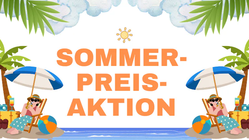 Sommerliche Grafik: Palmen, Meer, Wasserball und eine Frau mit Sonnenbrille in einem Liegestuhl und unter einem Sonnenschirm. Sowie die Aufschrift: Sommer-Preisaktion.