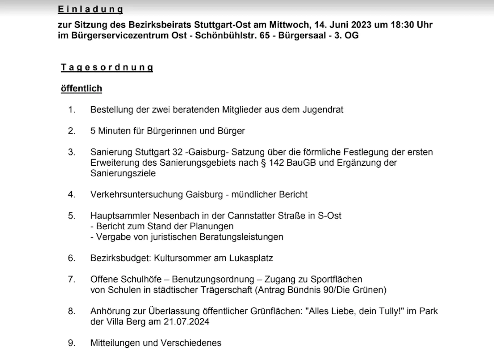 Tagesordnung der Sitzung des Bezirksbeirats Stuttgart-Ost am Mittwoch, 14. Juni