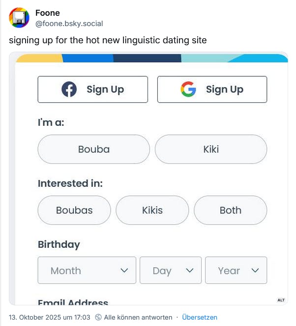 Die Kategorien "Bouba" und "Kiki" auf einer fiktiven Dating-App.