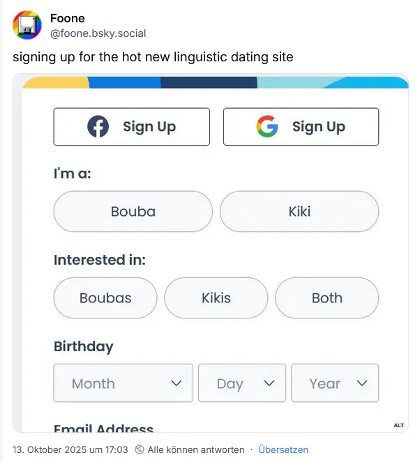 Die Kategorien "Bouba" und "Kiki" auf einer fiktiven Dating-App.