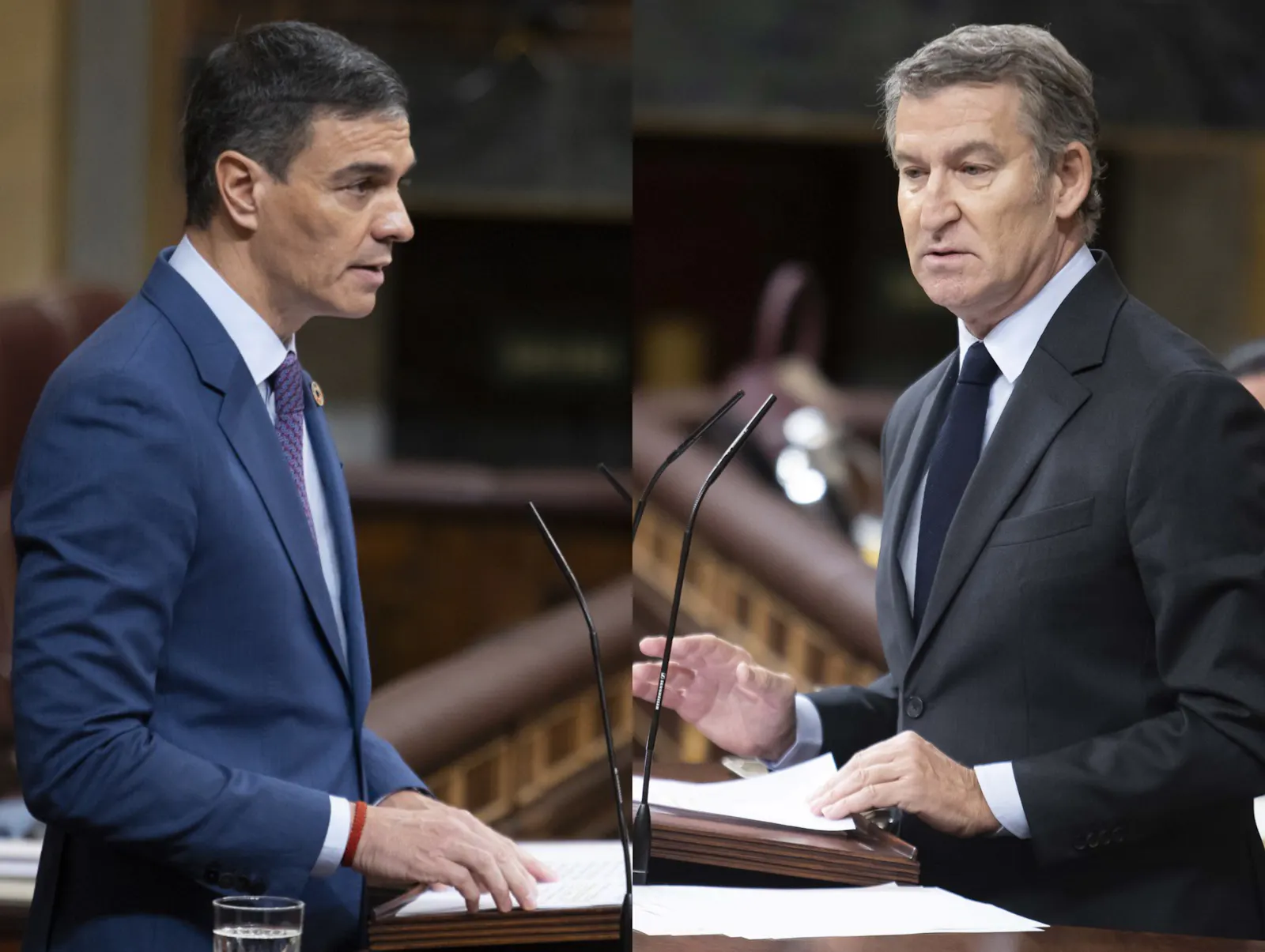 Collage aus Fotos des spanischen Regierungschefs Pedro Sánchez von der sozialistischen Partei PSOE und Oppositionschef Alberto Núñez Feijóo von der konservativen Volkspartei PP-