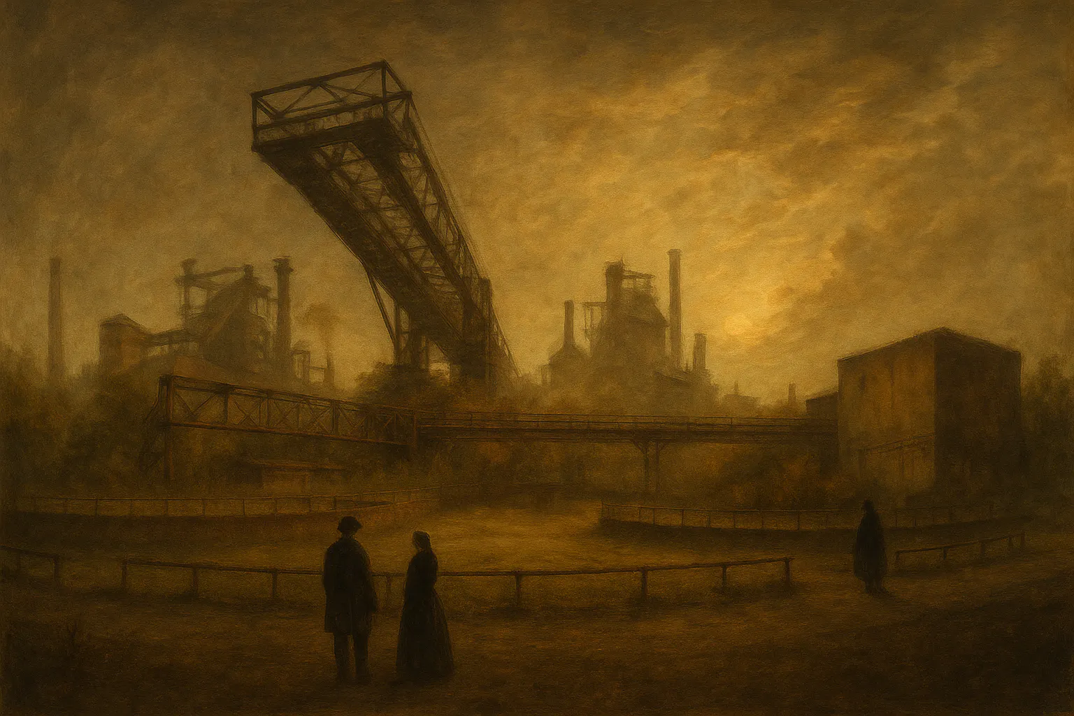 Das Panorama des Lanschaftspark Nord in Duisburg Meierich, ein ehemaliges Stahlwerk, mit vielen Freizeit und Veranstaltungsorten, im Stil von Casper David Friedrich. Romantischer Nebel über dem Stahlwerk, es gehen Leute mit Kleidung aus dem 19. Jahrhundert spazieren.
