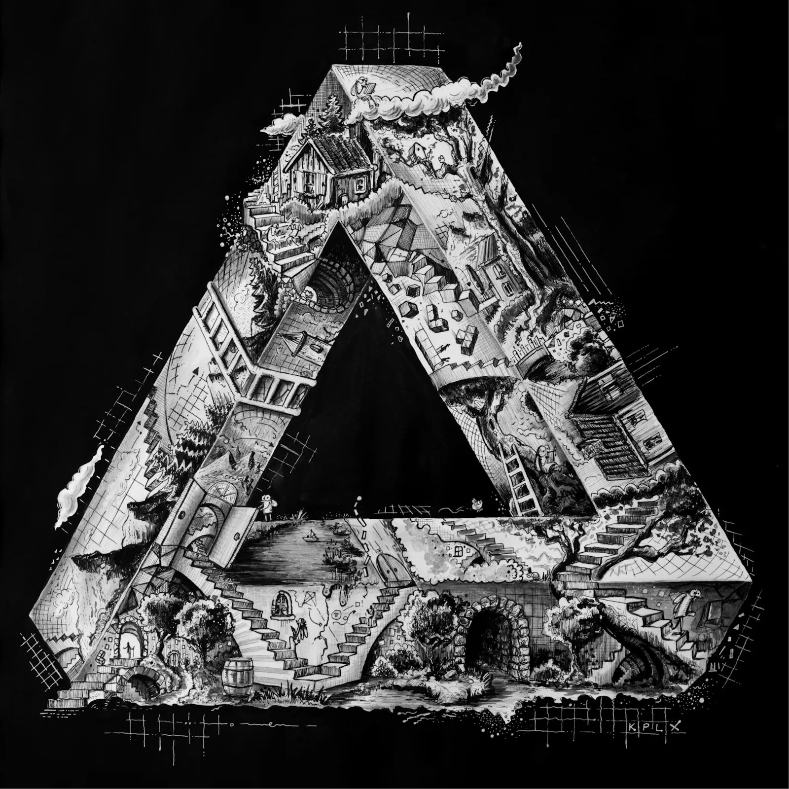 Tusche- und Bleistiftzeichnung eines Penrose-Dreiecks auf schwarzem Hintergrund in DIN A1 Größe. Die Flächen des unmöglichen Dreiecks sind mit surrealen Miniaturlandschaften, architektonischen Szenen, Treppen, Häusern und Bäumen gefüllt. Jede Seite zeigt unterschiedliche Perspektiven und Szenarien, die sich optisch in die unmögliche Geometrie einfügen.