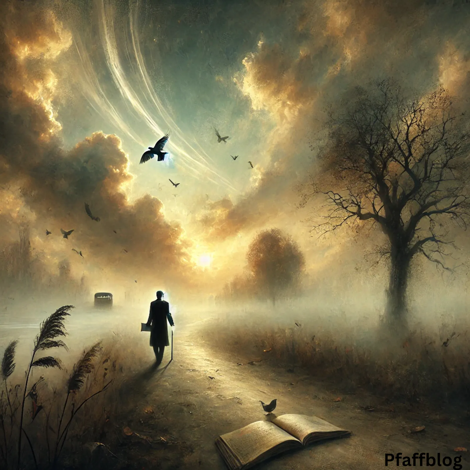 Eine einsahme Person, geht einen vernebelten Weg entlang. Auf dem Boden hinter ihr liegt ein Buch, auf dem ein Schmetterling sitzt. Der Weg ist umgeben von Graslandschaft und Bäumen