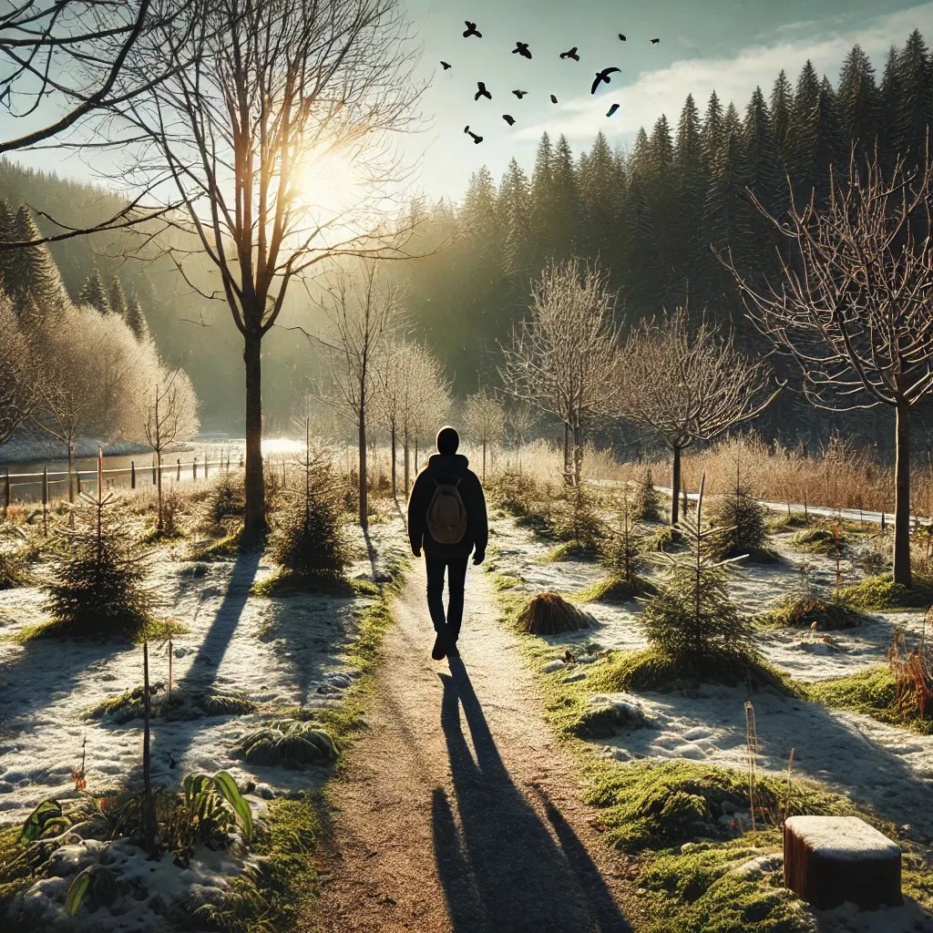 Ein Mann mit einem Rucksack geht durch die Natur. es ist Winter, Schnee liegt auf dem Boden, Vögel fliegen in der Luft, die Sonne scheint.