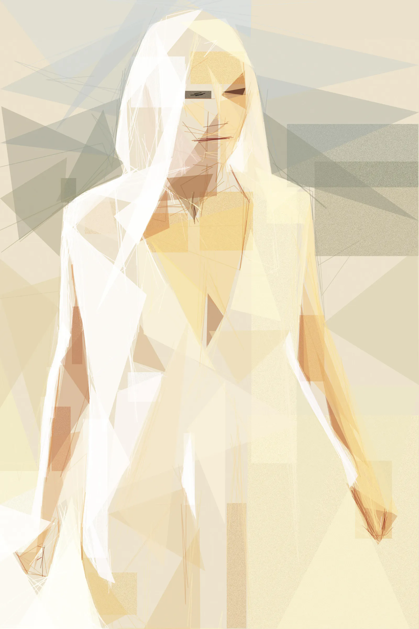 An impressionistic picture, constructed out of triangles, lines and squares, of a woman in a hooded robe
