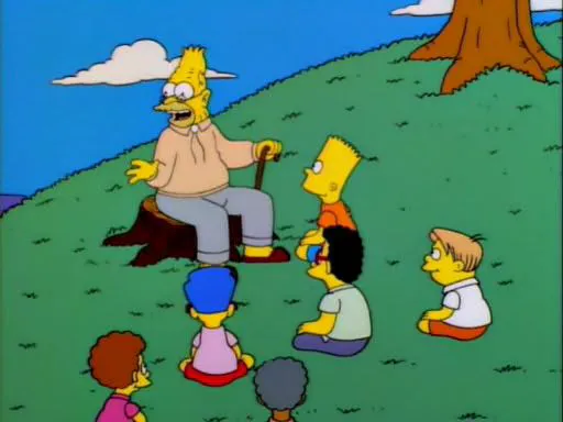 Opa Abe Simpson aus "Die Simpsons" sitzt im Park und erzählt interessiert lauschenden Kindern eine Geschichte