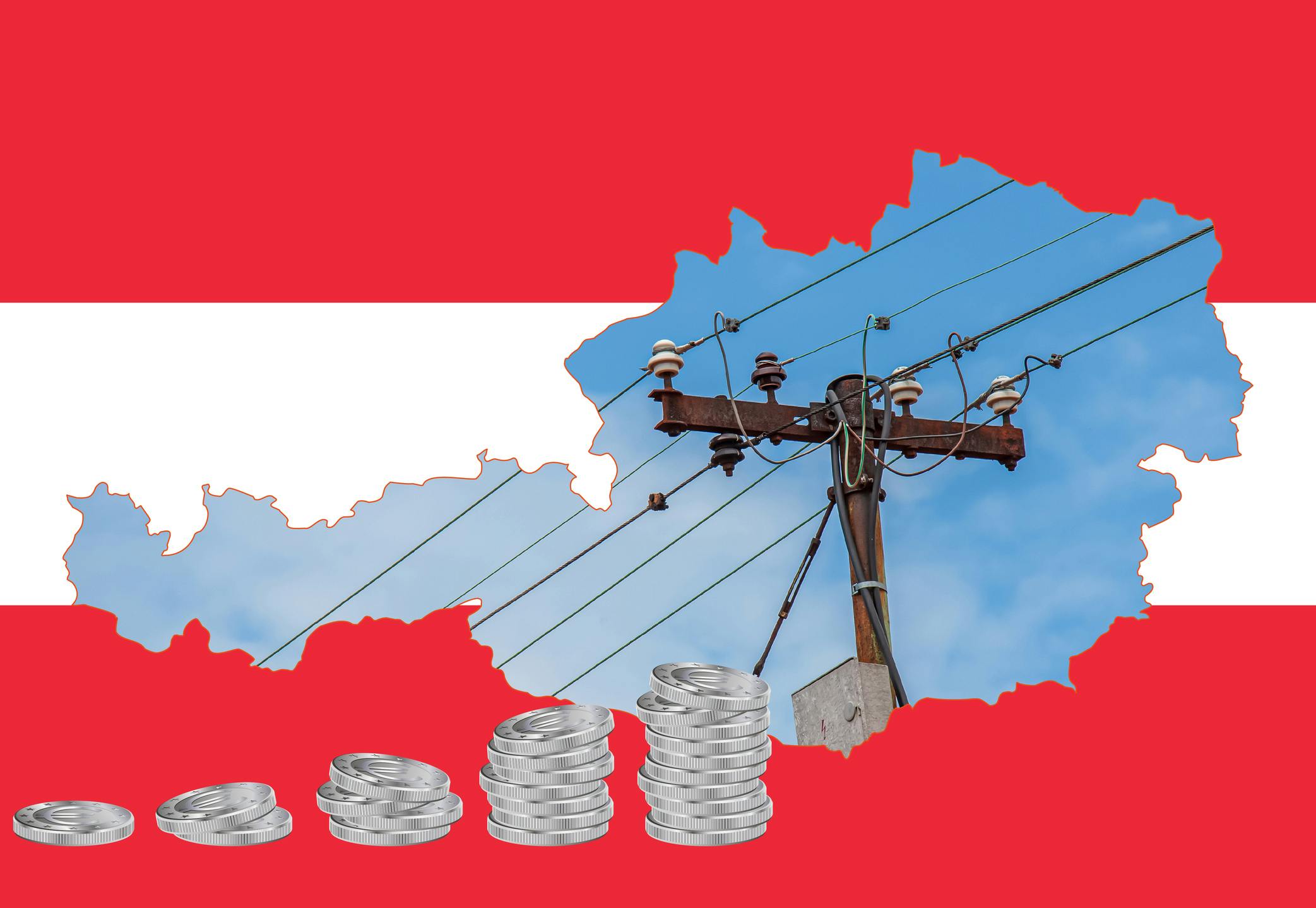 Das Bild zeigt gestapelte Münzen, die immer höher werden. Dahinter steht ein Strommast mit Stromleitungen. Im Hintergrund sieht man die Umrisse von Österreich in Rot-Weiß-Rot.