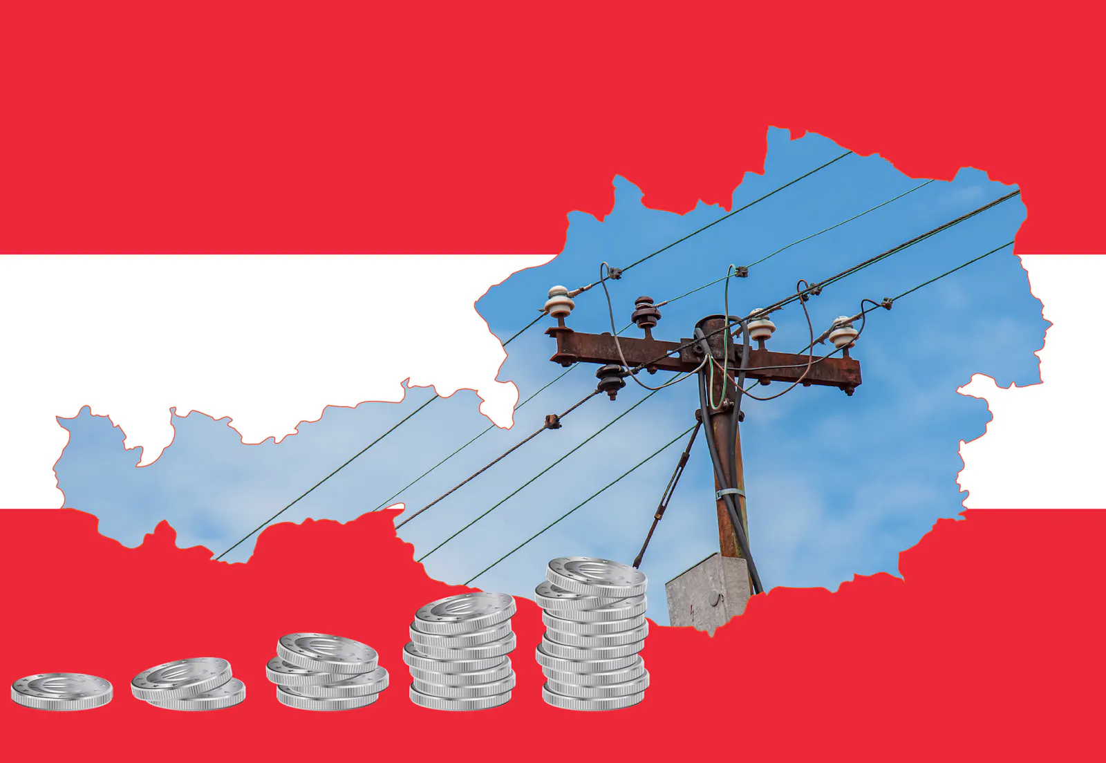 Das Bild zeigt gestapelte Münzen, die immer höher werden. Dahinter steht ein Strommast mit Stromleitungen. Im Hintergrund sieht man die Umrisse von Österreich in Rot-Weiß-Rot.