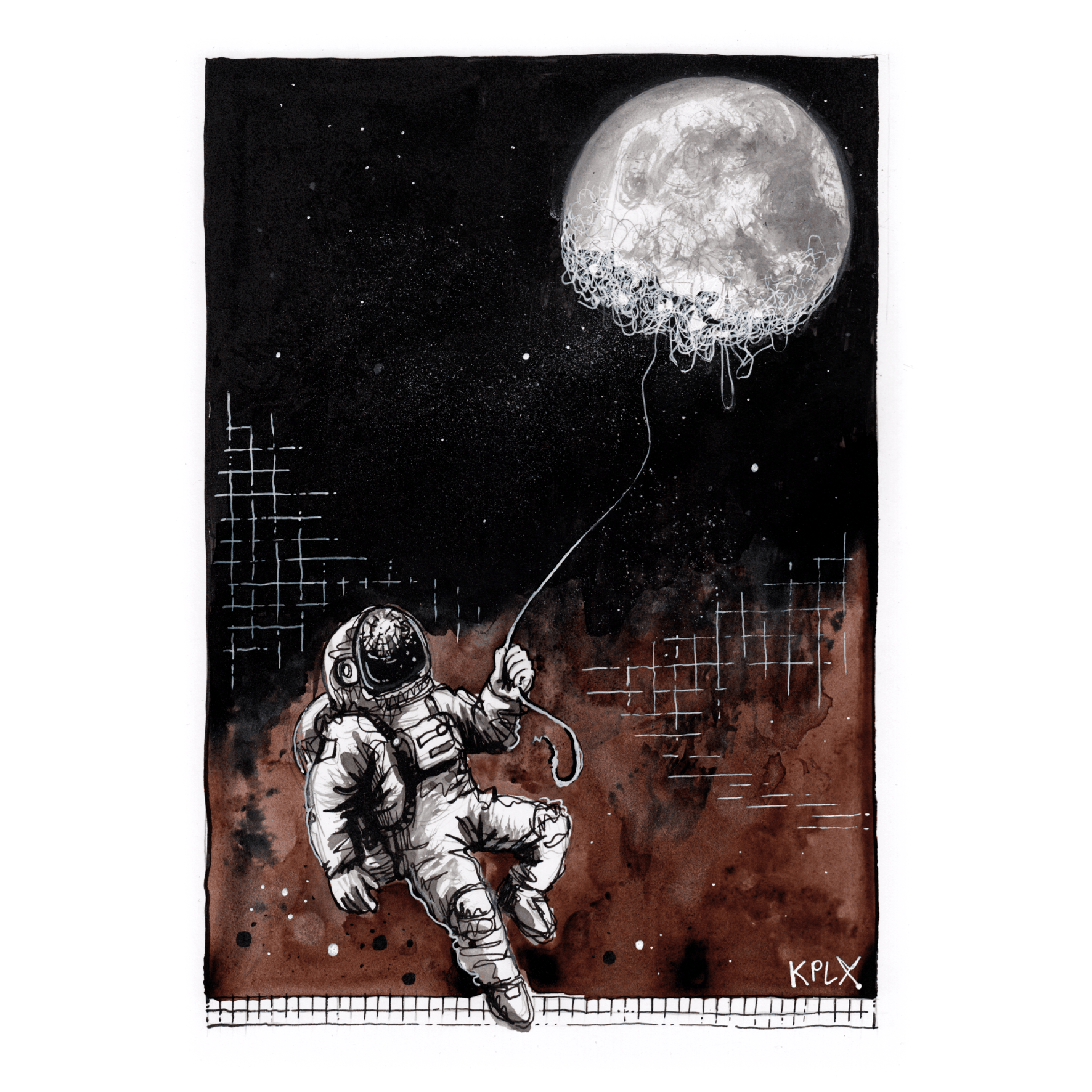 DE: Tuschzeichnung auf A4 mit schwarzer und sepiafarbener Tusche. Vor dunklem Weltraumhintergrund schwebt ein Astronaut und hält in der linken Hand einen dünnen Faden, der zum Mond führt. Der Mond wirkt, als würde er sich auflösen oder zerfasern.

EN: Ink drawing on A4 paper using black and sepia ink. Against a dark space background, an astronaut floats while holding a thin thread in the left hand that leads to the moon. The moon appears to dissolve and unravel.