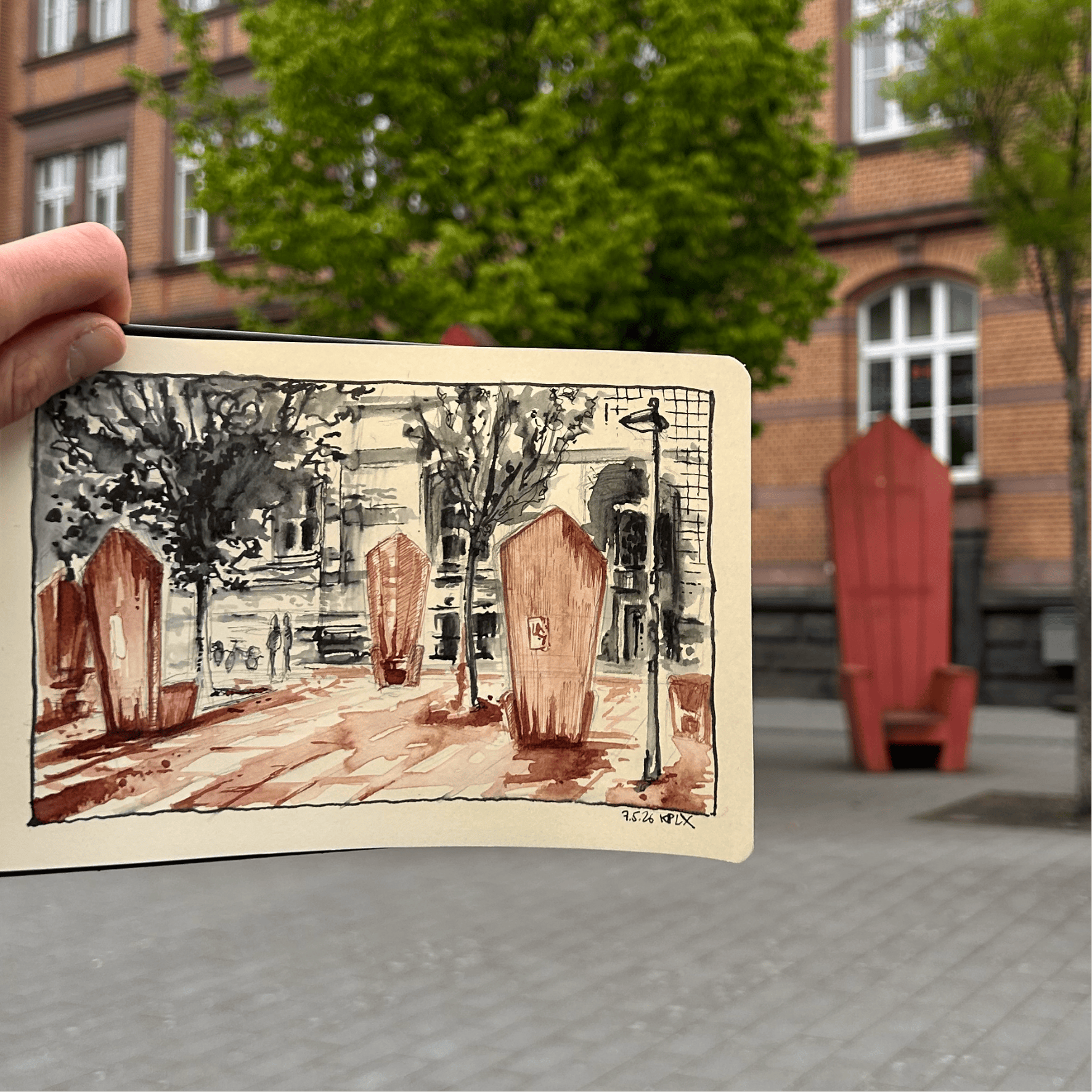 Urbach Sketch in Aachen Jesuitenstraße, St. Dimitrio, Black and Sepia Ink Drawing